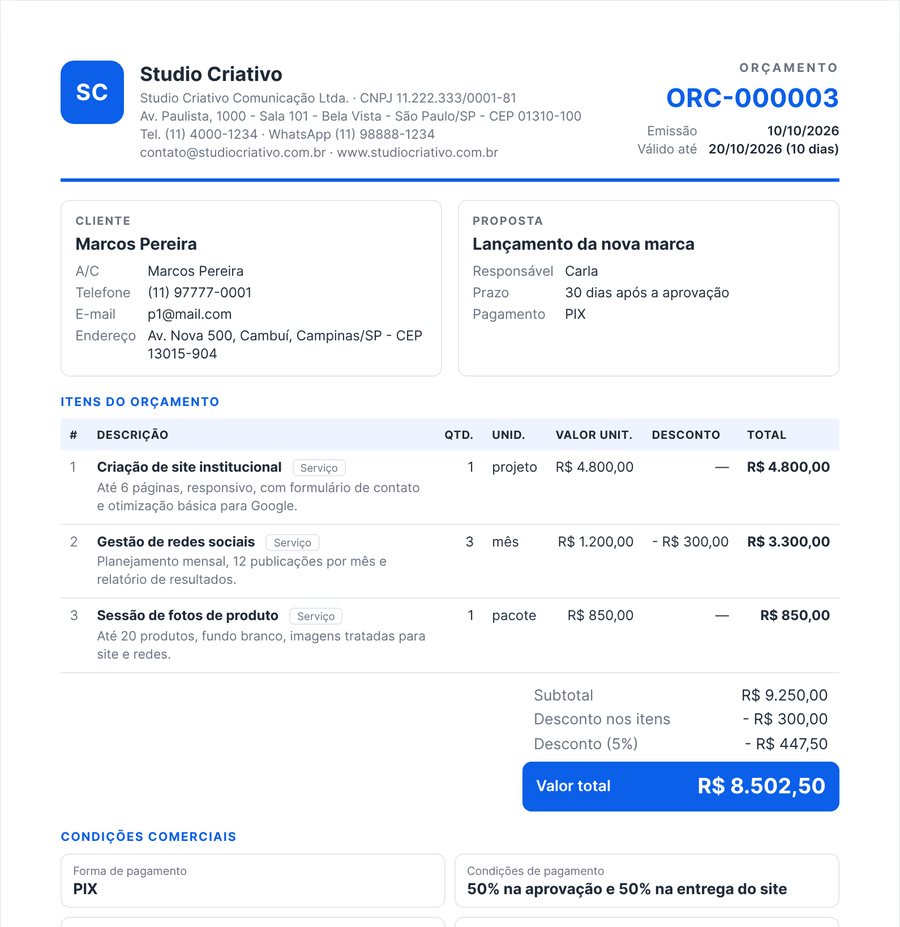 Orçamento em PDF com logo, itens e valor total